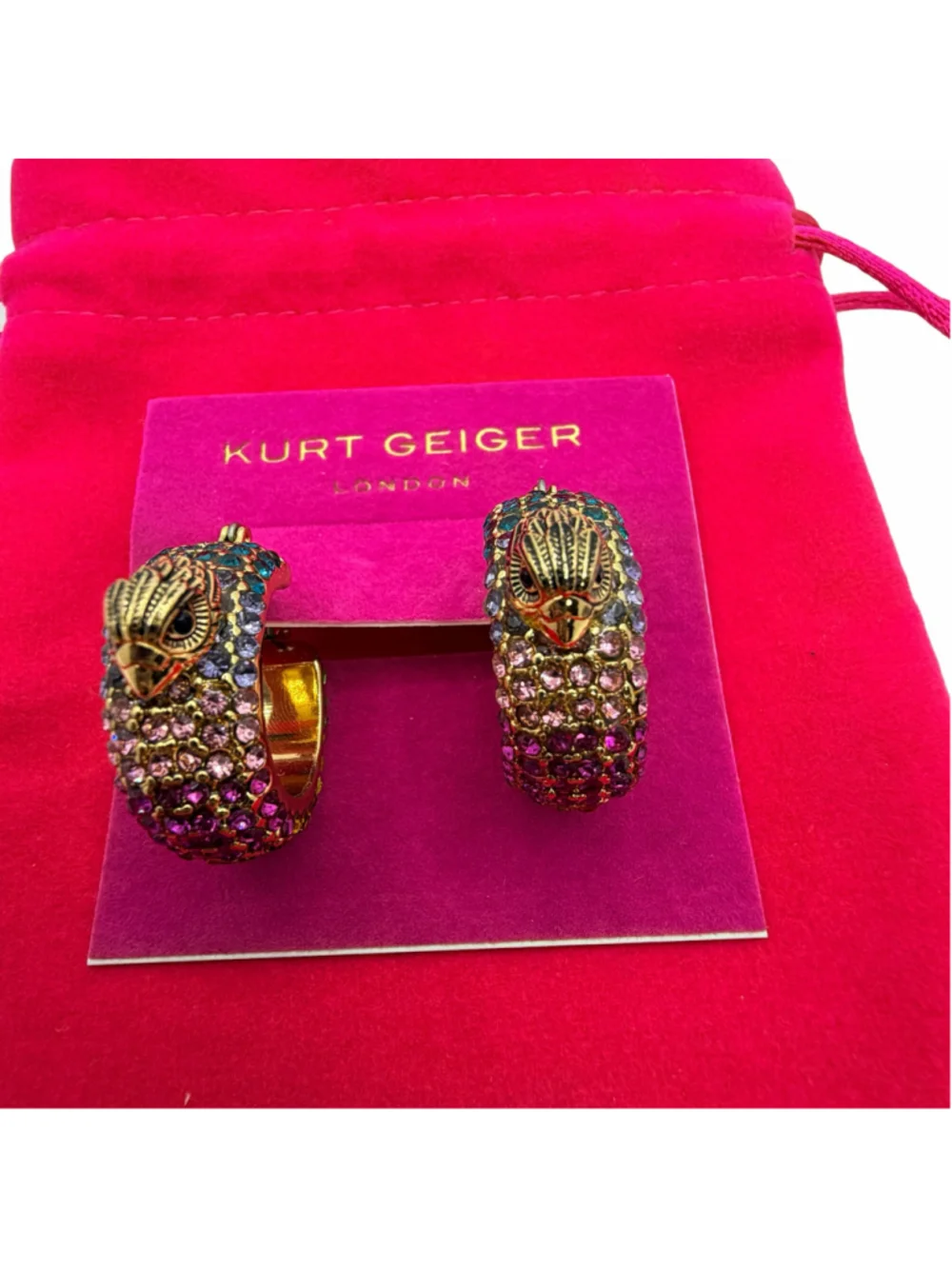 Kurt Geiger London Eagle Hoop Earrings Multicolor Crystal Gold Tone NWT